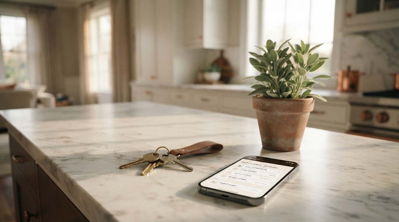 Keys and a plant on a kitchen counter